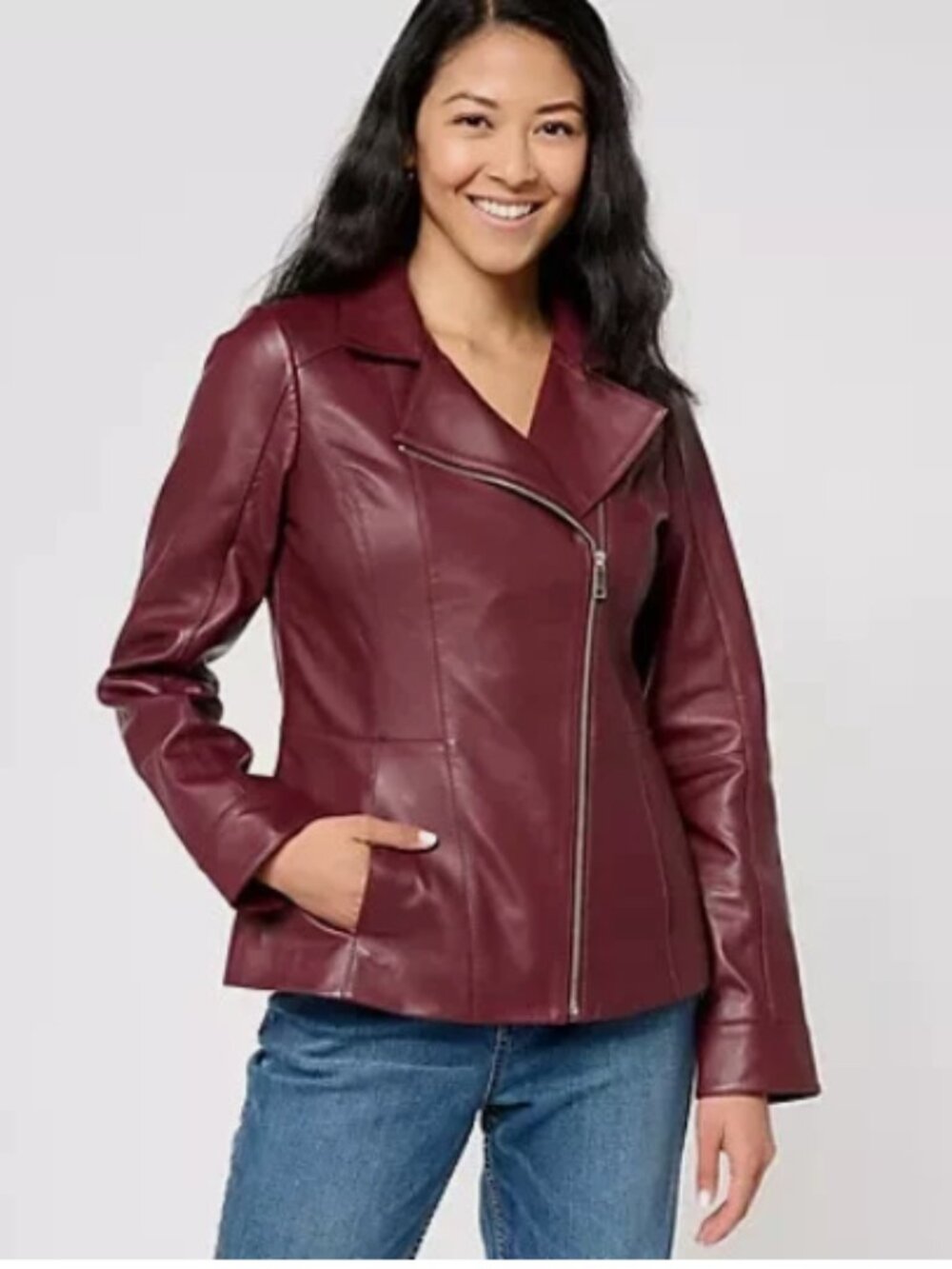 Denim & Co. Lamb Leather Moto Jacket with Pockets-Dk Burgundy-XS-NEW-A612795